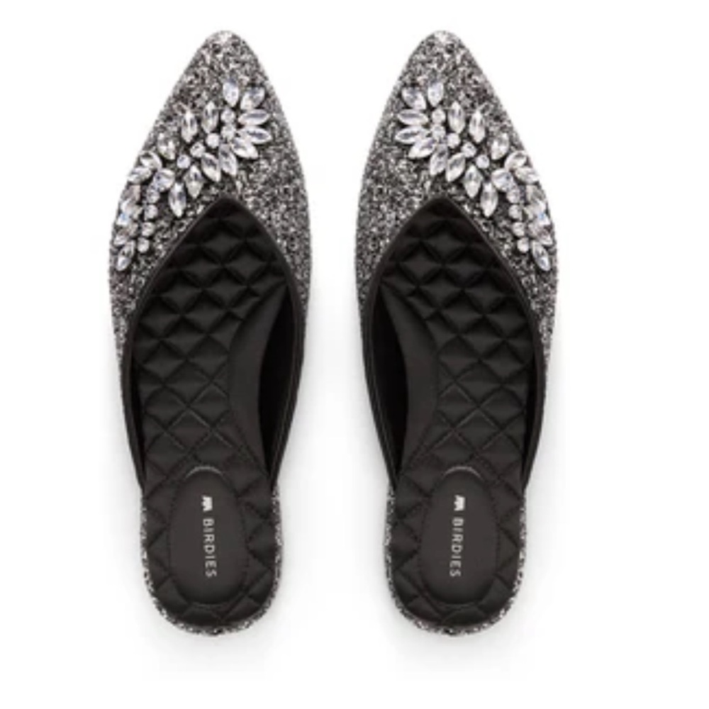 Brand New! Birdies Black and Silver Embellished Flats, 7